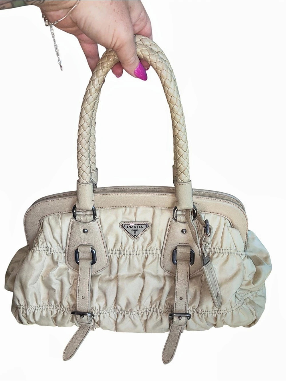 Prada Tessuto Gaufre Frame Satchel Shoulder Bag Cream